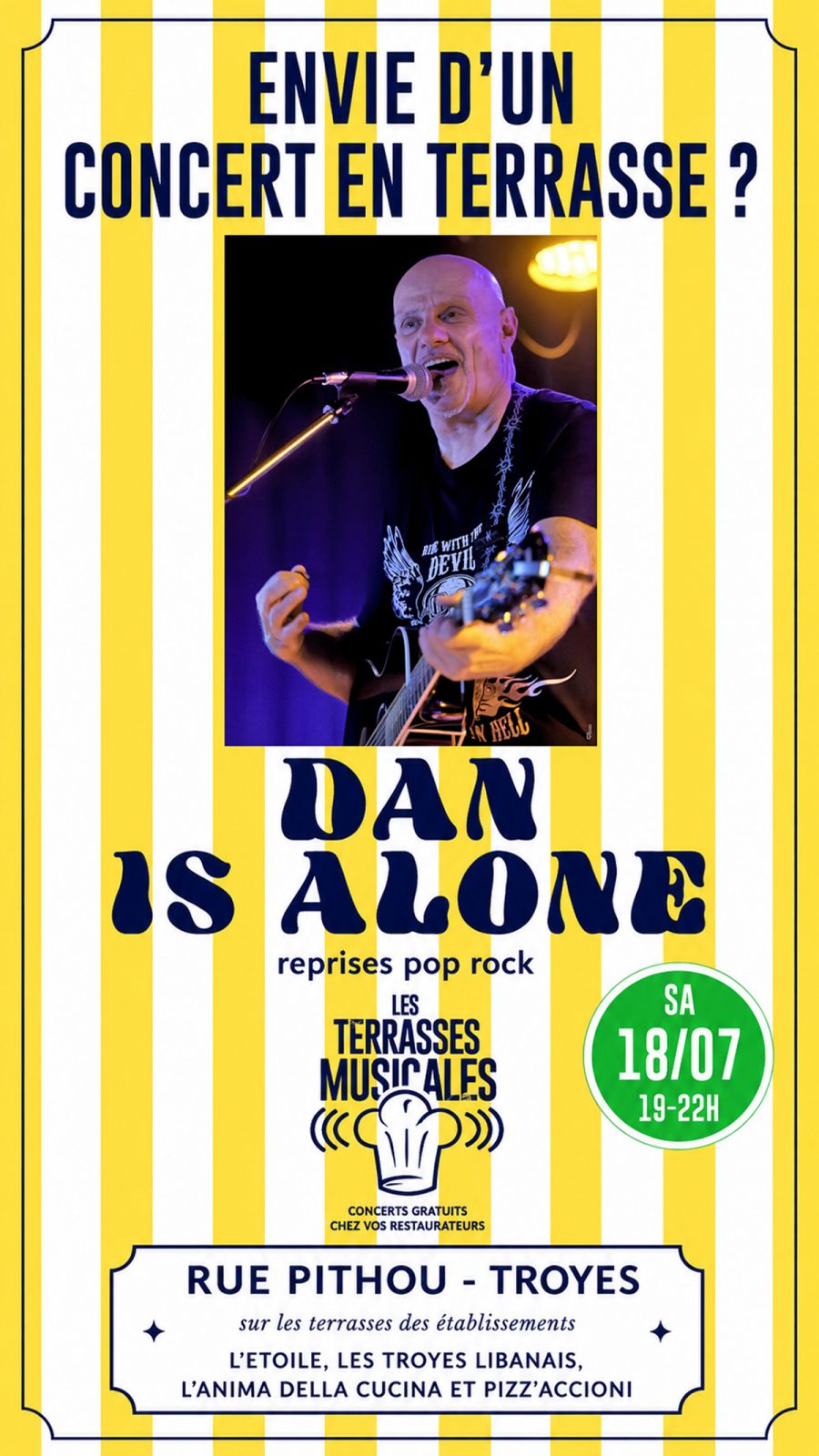 Concert gratuit de reprises pop-rock par le chanteur troyen Dan Is Alone